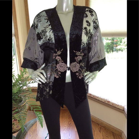 70s 80's Gypsy Embroidered Velvet Duster Kimono - Picture 1 of 5